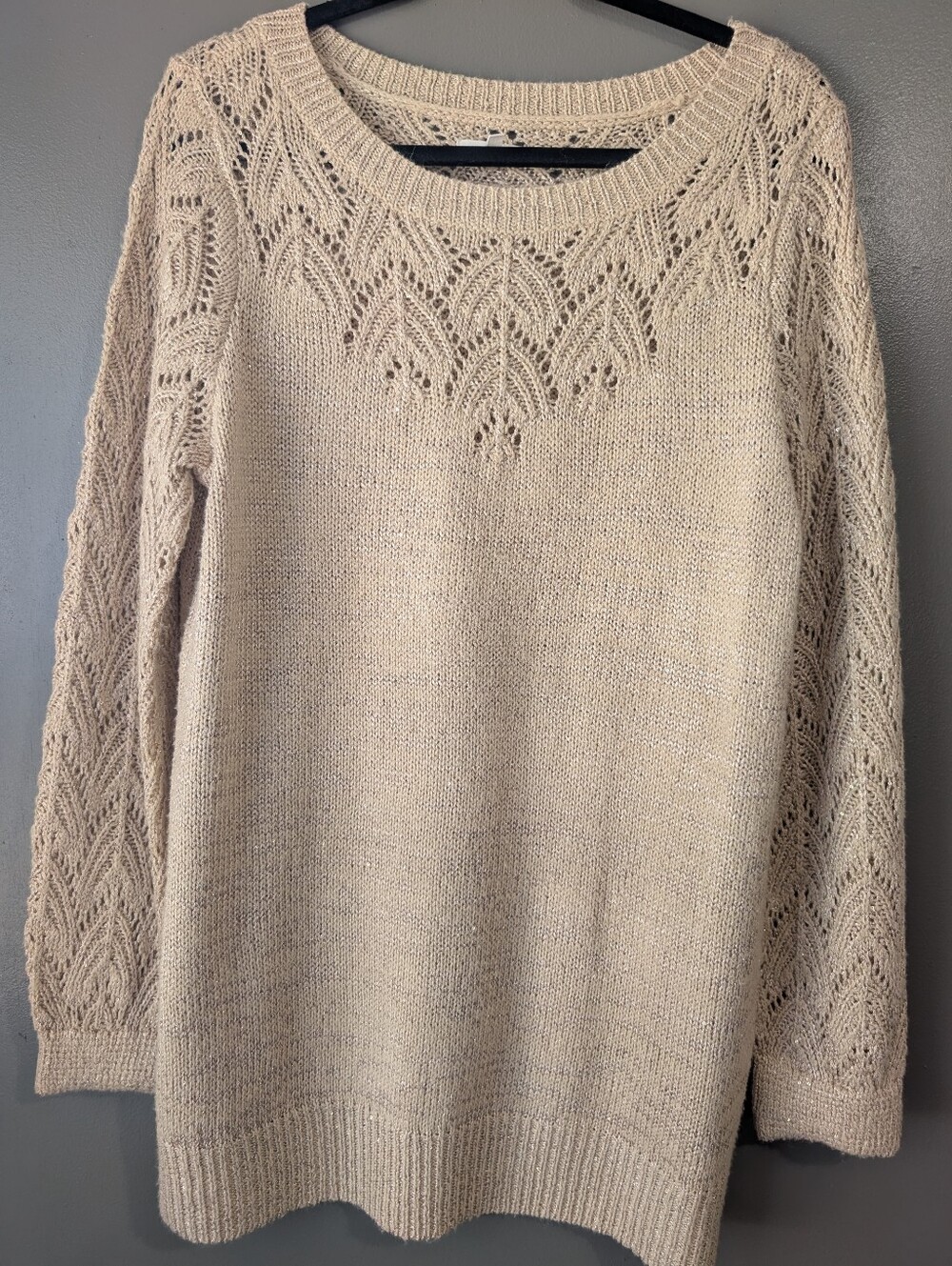 Maurices L Champagne Shimmer Open Knit Pointelle Sweater Lightweight